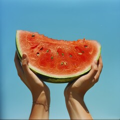 Hands gripping a juicy fresh watermelon against a clear blue sky, capturing the essence of summer