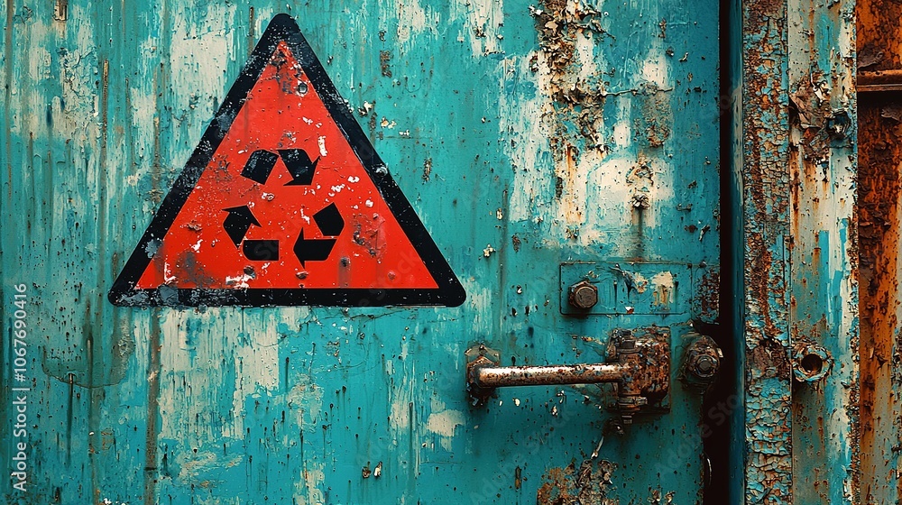 Poster a weathered door displays a red radioactive warning symbol on a teal background, emphasizing caution