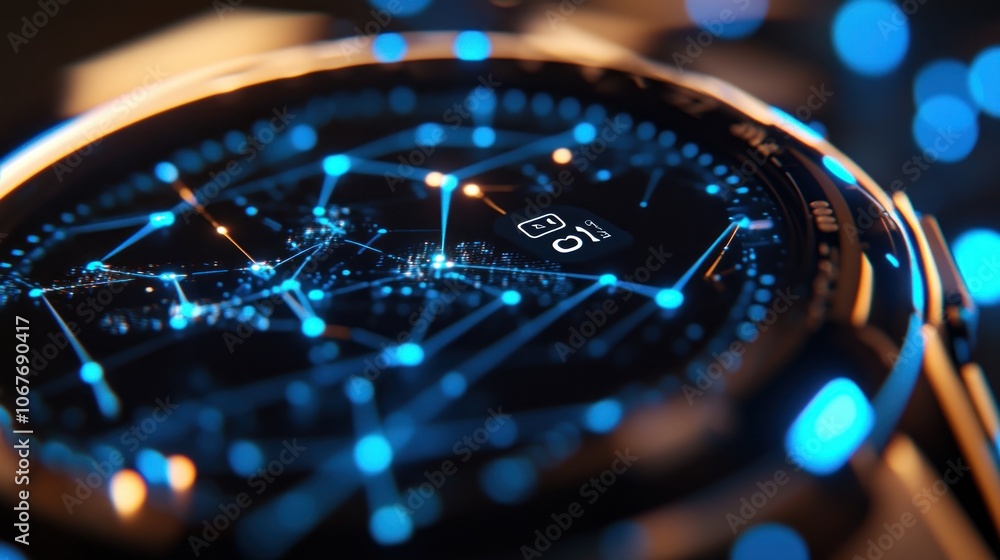 Poster close-up of a smartwatch face with a blue digital map and glowing dots connected by lines.