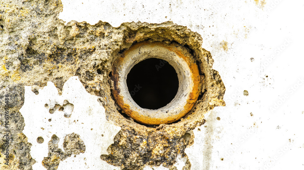 Aufkleber close-up of textured hole in a weathered wall with visible decay generative ai