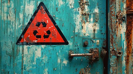 A weathered door displays a red radioactive warning symbol on a teal background, emphasizing caution in a potentially hazardous environment.