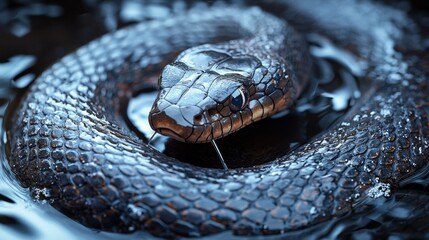Obraz premium Close-up of a black snake with glossy scales in water