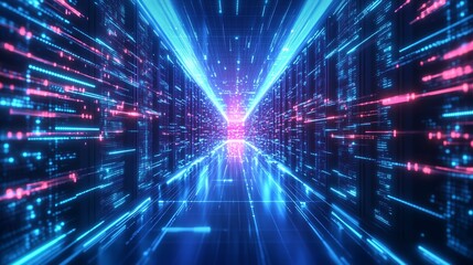 A vibrant digital corridor illuminated by blue and pink light beams showcases a futuristic data network in motion