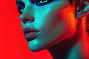 A close-up portrait reveals a captivating blend of vibrant red and teal lighting on the model’s face. The blue eyeshadow and soft, glossy lips add depth and allure to this modern, surreal image.