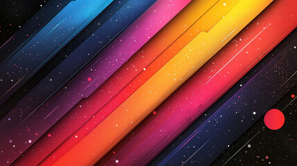 A colorful abstract image featuring diagonal stripes of vibrant hues against a dark background, resembling a cosmic scene with scattered stars.