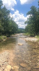 Fototapeta premium A serene river scene surrounded by lush greenery and blue skies.