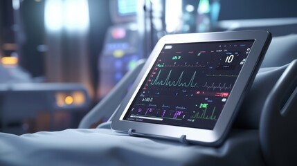 Obraz premium Close-Up of Tablet on Hospital Bed Displaying Real-Time Patient Vital Signs, Including Temperature and Respiratory Rate, for Continuous Monitoring in Healthcare
