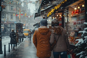 Obraz premium A couple enjoys a chilly day, walking closely together down a snow-covered street. Festive lights brighten shop windows, creating a warm atmosphere amid the winter wonderland