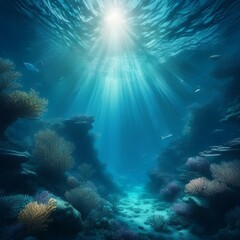 Obraz premium underwater ocean blue abyss with sunlight diving and scuba background