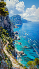 Scenic Coastal Pathway Overlooking Azure Waters in Capri, Italy - Breathtaking Cliffside Views and Natural Beauty Ideal for Travel and Leisure