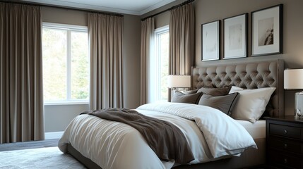 Fototapeta premium Luxurious Modern Bedroom with Plush Bedding and Decor