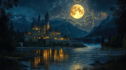 Enchanted Castle by Moonlit River at Night with Full Moon, Mountains, and Mystical Ambiance, Perfect for Fairy Tale or Fantasy Themes