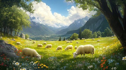 A flock of sheep grazing in a lush green meadow surrounded by snow-capped mountains under a blue sky with fluffy white clouds.