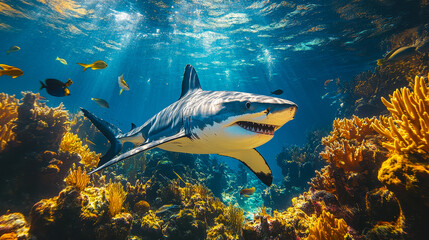 Fototapeta premium Great White Shark Swimming Among Colorful Coral Reefs in Clear Blue Ocean Water with Fish, Capturing Marine Wildlife and Underwater Ecosystems, Sea Predator and Ocean Adventure