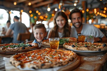 A family of three smiles while enjoying a variety of pizzas on wooden plates, surrounded by warm lighting and a bustling restaurant atmosphere in the evening
