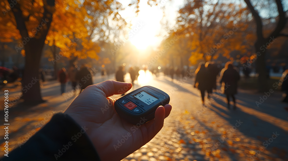 Poster a person holding a device with a screen showing the time