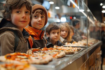 Four children eagerly watch as pizzas are prepared in a busy eatery. Their expressions show delight and anticipation, capturing the joyful atmosphere of sharing food among friends