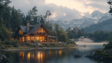 Fototapeta premium A cozy cabin nestled on the shores of a serene lake with majestic mountains in the background.