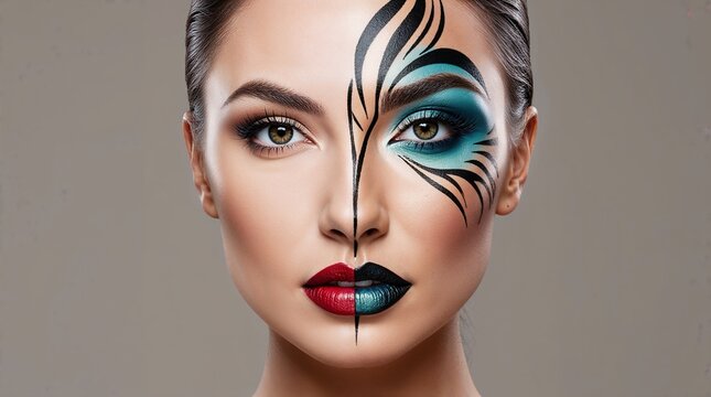 A captivating close up featuring a beautiful woman with a split-face look: one half of her face is shown in a natural beaut, while the other half is transformed with party, funky, and artistic makeup