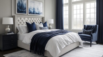 Fototapeta premium A Luxurious Bedroom Interior with a Plush Bed and Blue Accents