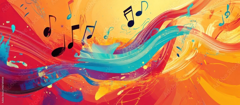 Poster abstract musical background with colorful wavy lines and music notes.