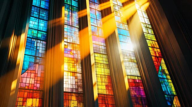 Sunlight streams through stained glass windows in a church