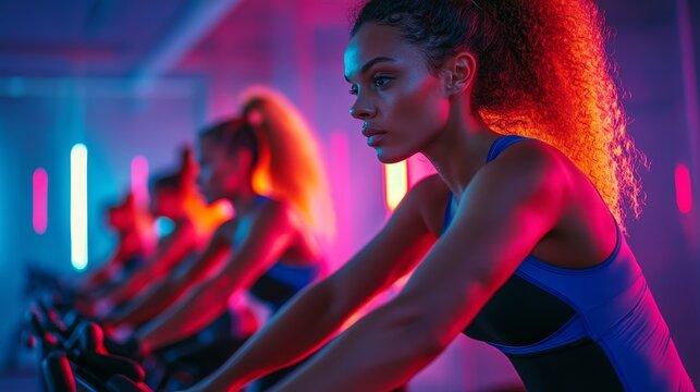 Women cycling indoors with vibrant neon lighting during a workout session