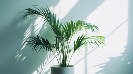 Obraz premium Elegant palm plant casting shadows on a pastel wall