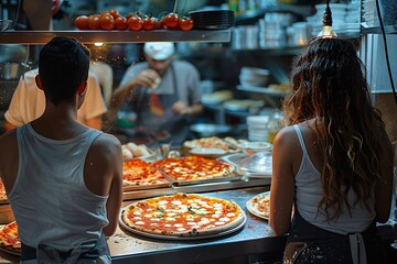 Two individuals stand behind a counter preparing pizzas in a lively kitchen. The aroma of fresh ingredients fills the air as customers eagerly await their orders in the background