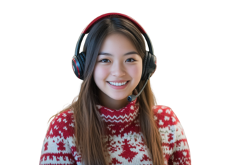 An Asian young woman wearing a festive red and white holiday ugly Christmas sweater and headphones, appearing to be in a cheerful holiday-themed customer service call center setting