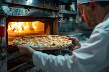 A skilled chef carefully pulls a perfectly baked pizza from a wood-fired oven in a bustling Italian restaurant kitchen. The flames flicker, highlighting the delicious toppings