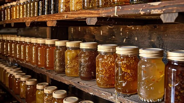 This Various jars of homemade preserves line wooden shelves in a cozy, rustic kitchen.