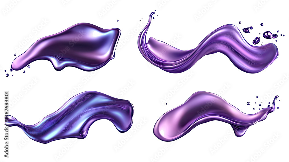 Poster set of iridescent liquid metal shapes on transparent background generative ai