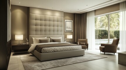 Fototapeta premium Modern Bedroom Interior with Large Bed and Window View