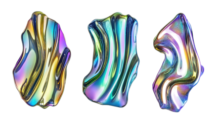 Iridescent Liquid Metal Shapes on Transparent Background Collection Generative AI