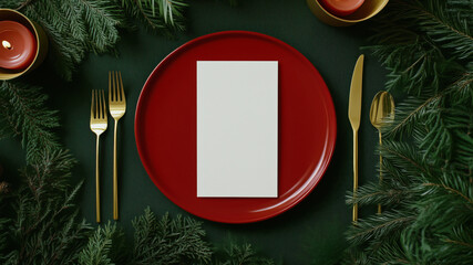 Blank mock ap card on a red plate on a table decorated with cypress branches