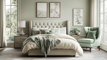 Fototapeta premium A Modern Bedroom Interior with a Beige Bed and Green Accents