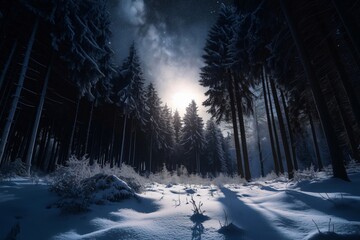 Moon shining over snowy forest at night