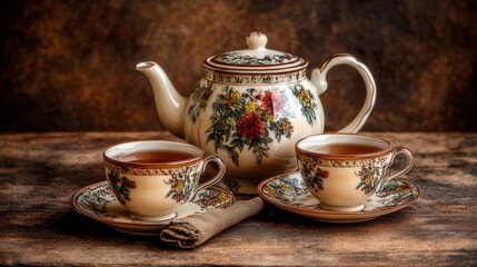 Tea Time with a Floral Teapot and Cups.