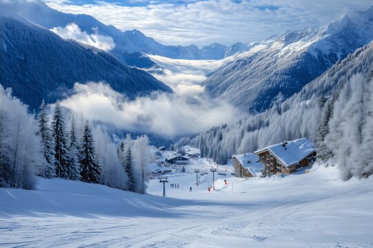 Skiers riding ski lift in the italian alps on a sunny winter day