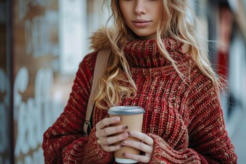A young woman holds a warm drink, wearing a comfy red sweater. She enjoys the cool day while surrounded by a lively urban backdrop, conveying a sense of comfort and style