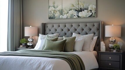 A Luxurious Bedroom with a Grey Headboard and Green Accents