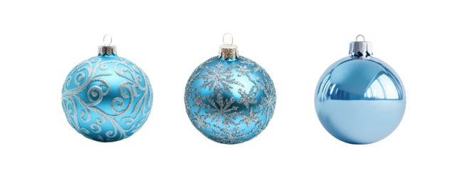 Three Exquisite Blue Christmas Ornaments with Different Designs isolated on transparent background
