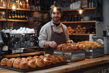 A baker stands behind a wooden counter, showcasing freshly baked pastries in a cozy cafe setting. The warm lighting enhances the inviting atmosphere of the establishment