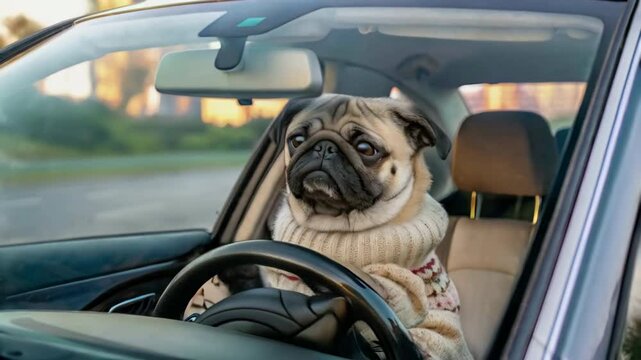 Funny pug dog in cozy sweater, sitting in driver seat, paws on steering wheel. Funny pet dog driving car concept, driving down the road, cute animal in car moving. Pug dog looking forward. Car problem