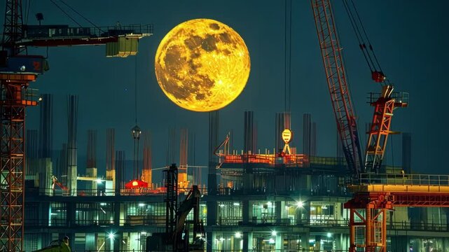 As the moon rises overhead a bustling construction site is transformed into a sea of light with cranes bulldozers and hardworking employees all in motion to create soing great.
