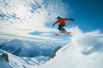 Snowboarder jumping on snowy mountain slope on sunny day
