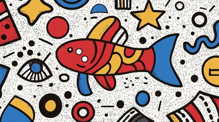 A colorful illustration featuring a cartoon fish surrounded by playful shapes.