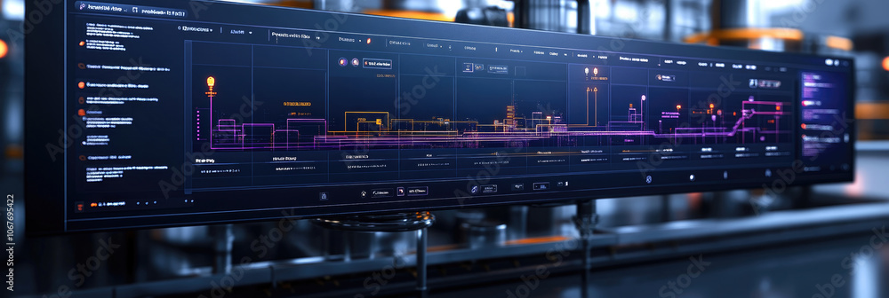 Poster a high-tech control panel monitors various industrial processes and data metrics in a contemporary m