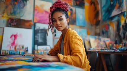 Creative woman in an artistic workspace with vibrant background